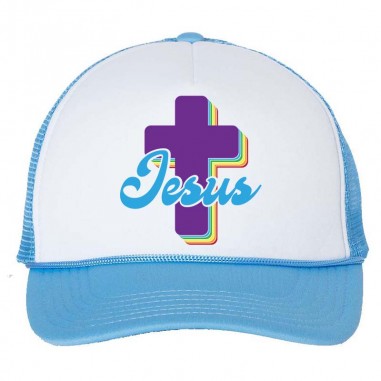 Trucker cap with a colorful cross that says "Jesus" (Front view).